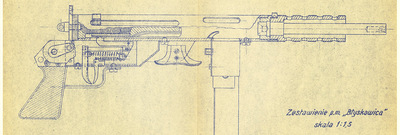 Błyskawica - prototyp GUM Slajder - Szkic pistoletu maszynowego Błyskawica, produkowanego w czasie okupacji w latach 43-44, wykonany w 1976 roku przez Seweryna Wielaniera.