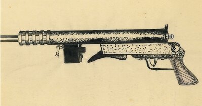 Błyskawica - prototyp GUM Szkic prototypu pistoletu maszynowego Błyskawica, produkowanego w czasie okupacji w latach 1943-44.