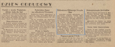 Informacja w: Życie Warszawy - pismo codzienne. R. 3, 1946 nr 6=435 (6 I), s. 1 Zdjęcie strony z publikacji z zaznaczoną notatką na temat podany w tytule pliku.