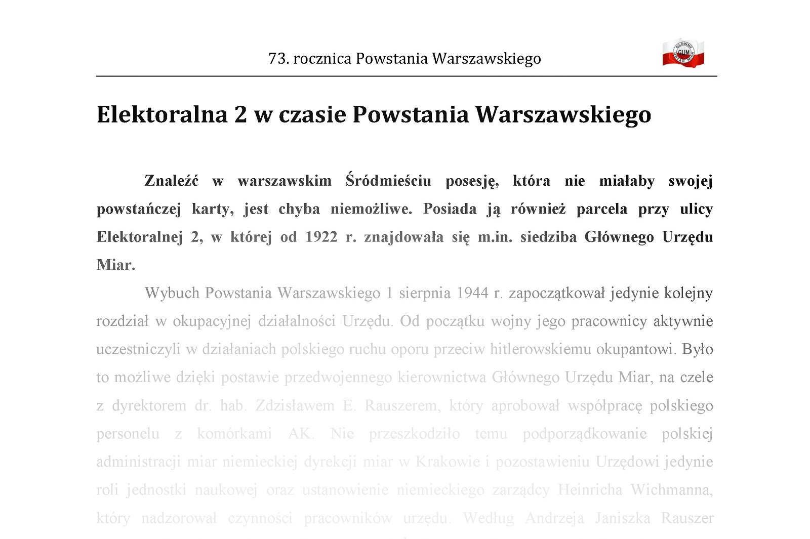 Pierwsza strona artykułu 73. rocznica Powstania Warszawskiego. U góry pagina z tytułem, z prawej trony biało-czerwone logo GUM. Zdjęcie linkuje do pliku pdf z artykułem.