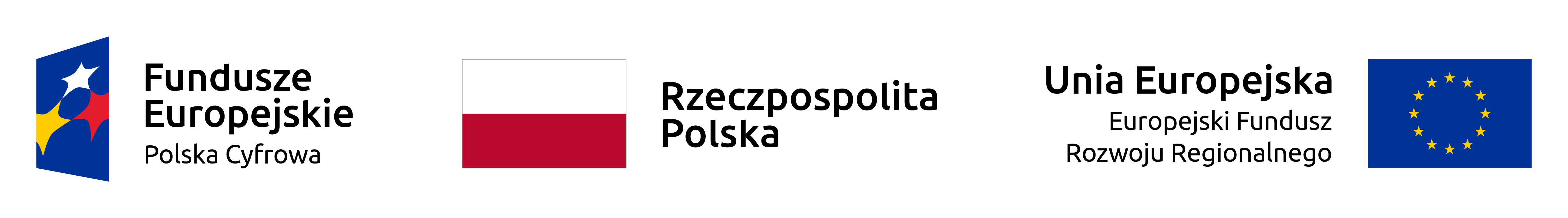 Pakiet logotypów beneficjentów, od lewej: Fundusze Europejskie Polska Cyfrowa, Rzeczpospolita Polska, Unia Europejska Europejski Fundusz Rozwoju Regionalnego