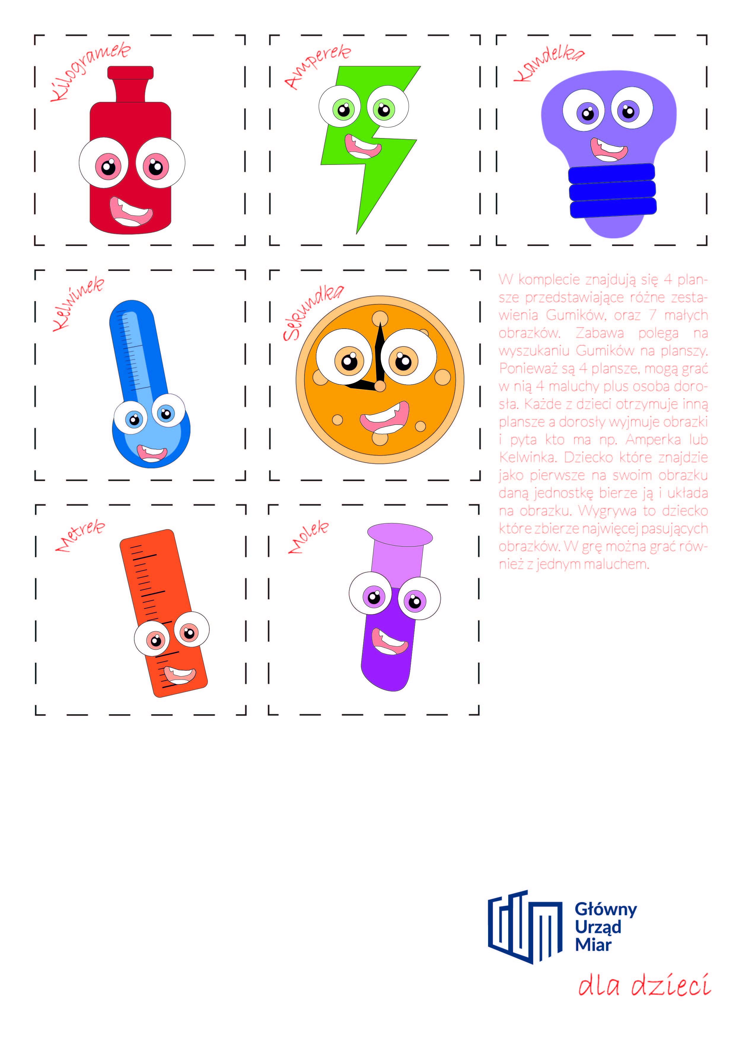 W kwadracie umieszczonych jest 7 ikonek dla dzieci, symbolizujących jednostki miar. Po prawej stronie dłuższy tekst opisowy.