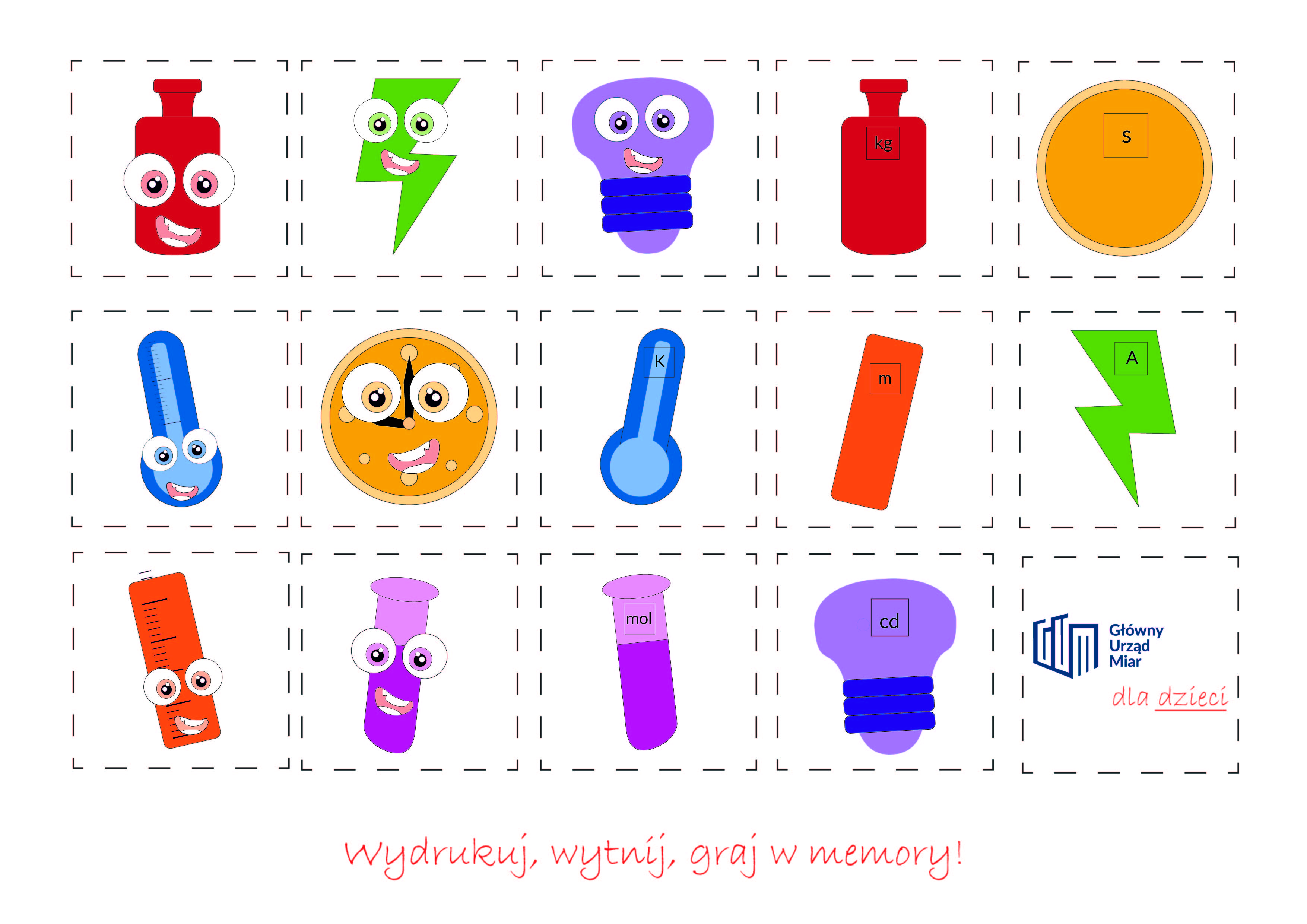 W kwadracie umieszczonych jest 15 ikonek dla dzieci, symbolizujących jednostki miar: między innymi odważnik - kilogram, termometr - kelwin, żarówka - kandela i inne. Pod ikonkami napis: Wydrukuj, wytnij, graj w memory! 