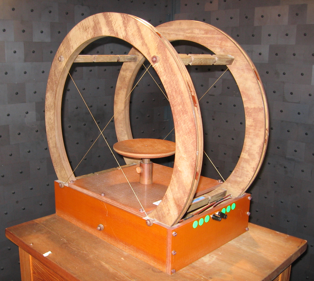 Przyrząd o nazwie cewki Helmholtza - dwa duże koła, na które nawijane są cewki.
