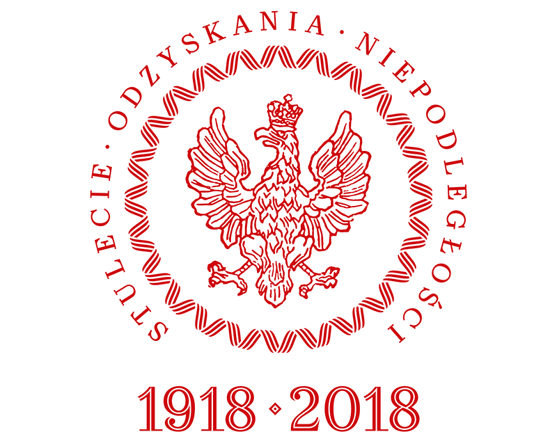 Znak graficzny Prezydenta RP na 100-lecie odzyskania niepodległości; czerwony orzeł w koronie z obwódką i napisem