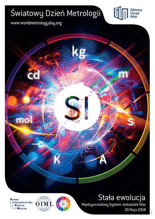 Plakat na Światowy Dzień Metrologii: w okręgu symbole jednostek miar tworzących układ SI. Na dole, w prawym rogu napis: Stała ewolucja. Międzynarodowy System Jednostek Miar.