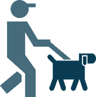 Piktogram: człowiek trzymający na smyczy psa