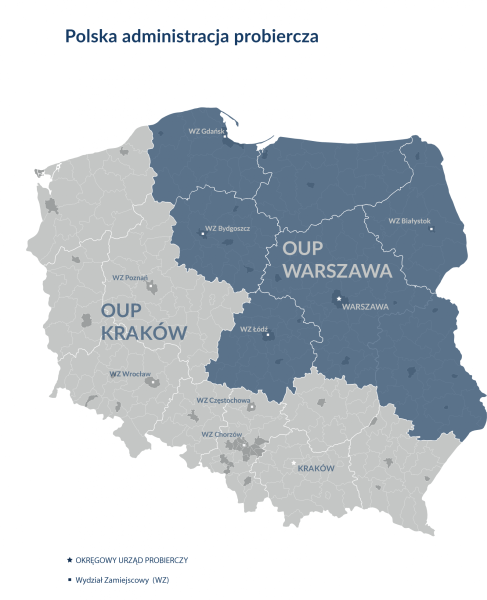 Mapa polskiej administracji probierczej z zaznaczonymi strefami, podlegającymi jednemu z dwóch okręgów: OUP Kraków i OUP Warszawa. Na mapie zaznaczone są również miasta - siedziby wydziałów zamiejscowych podlegających okręgom. Po kliknięciu mapę można powiększyć.