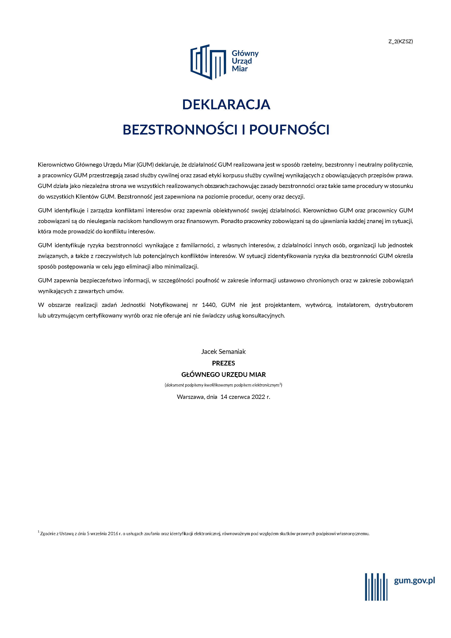 Deklaracja bezstronności i poufności w Głównym Urzędzie Miar - podpisany przez Prezesa GUM dokument. Do zdjęcia podlinkowany jest czytalny pdf.