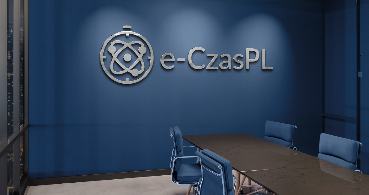 Pokój spotkań, stoją krzesła oraz stół, na ścianie wizualizacja loga e-Czas.pl