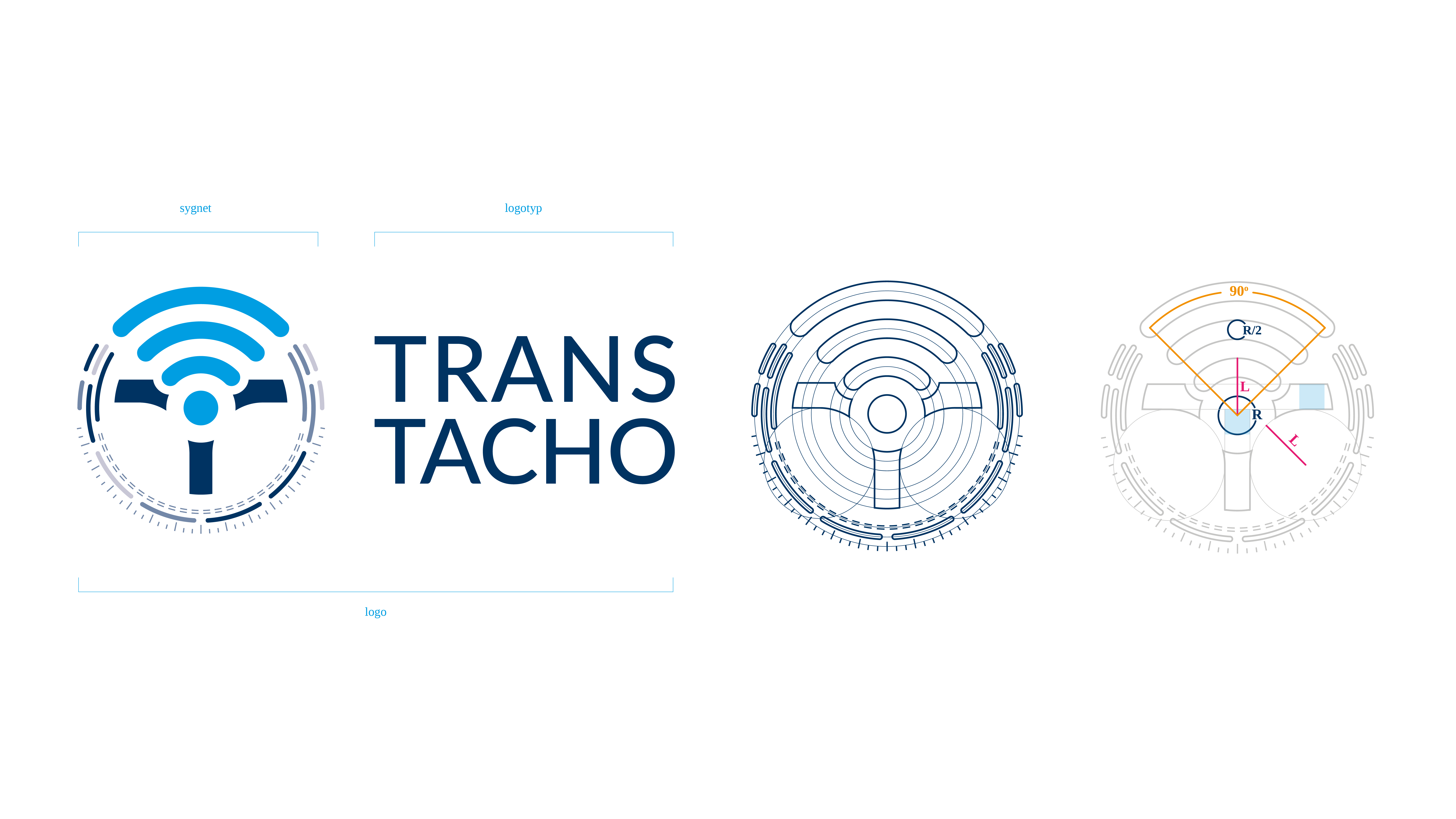 Znak graficzny Trans-Tacho w kilku fazach projektowania. 