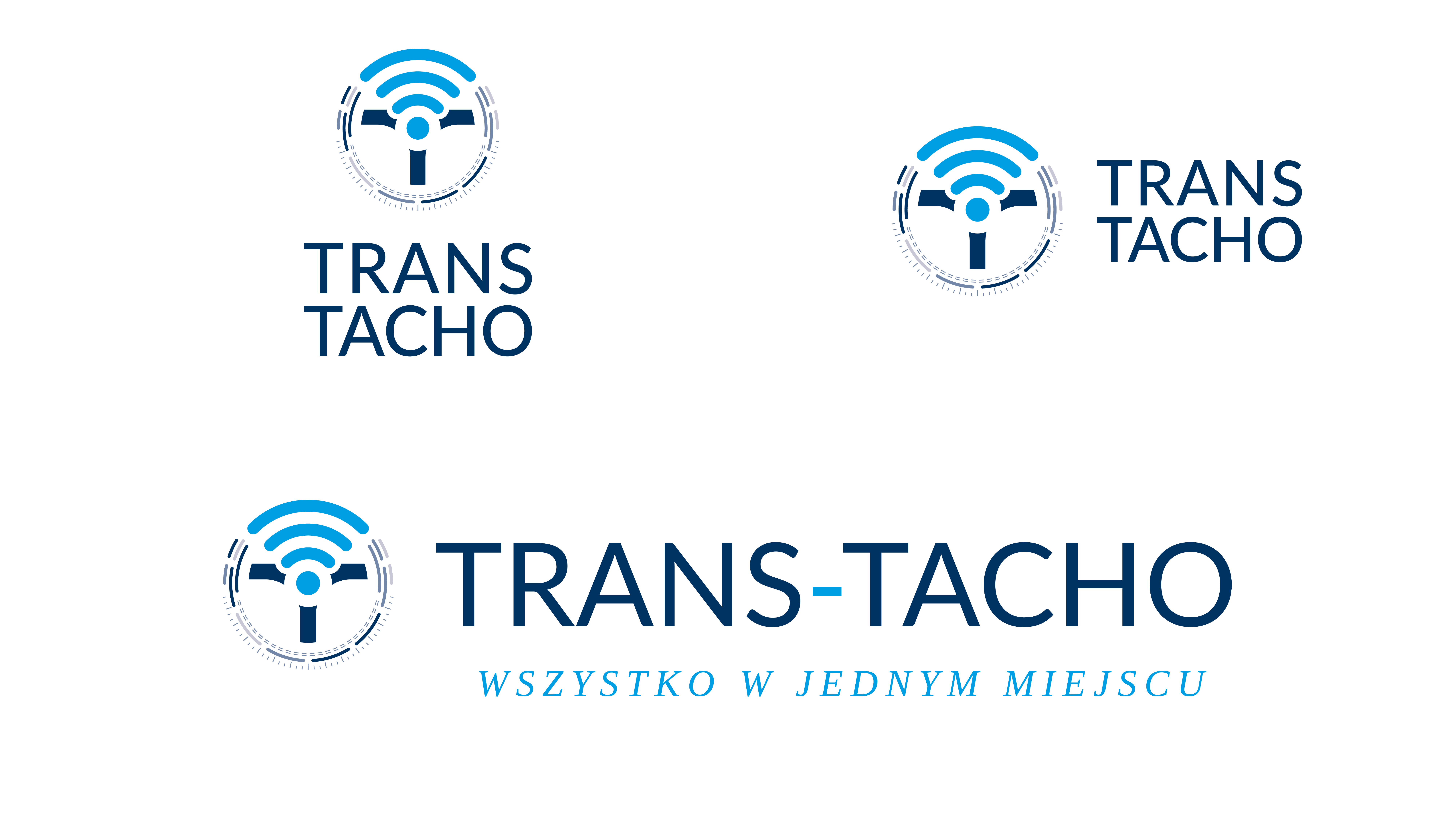 Znak graficzny i napis Trans Tacho w różnej wielkości. Znakiem jest koło, z wyobrażeniem kierownicy. Pod nim napis Trans Tacho. Całość w różnych odnieniach niebieskiego. 