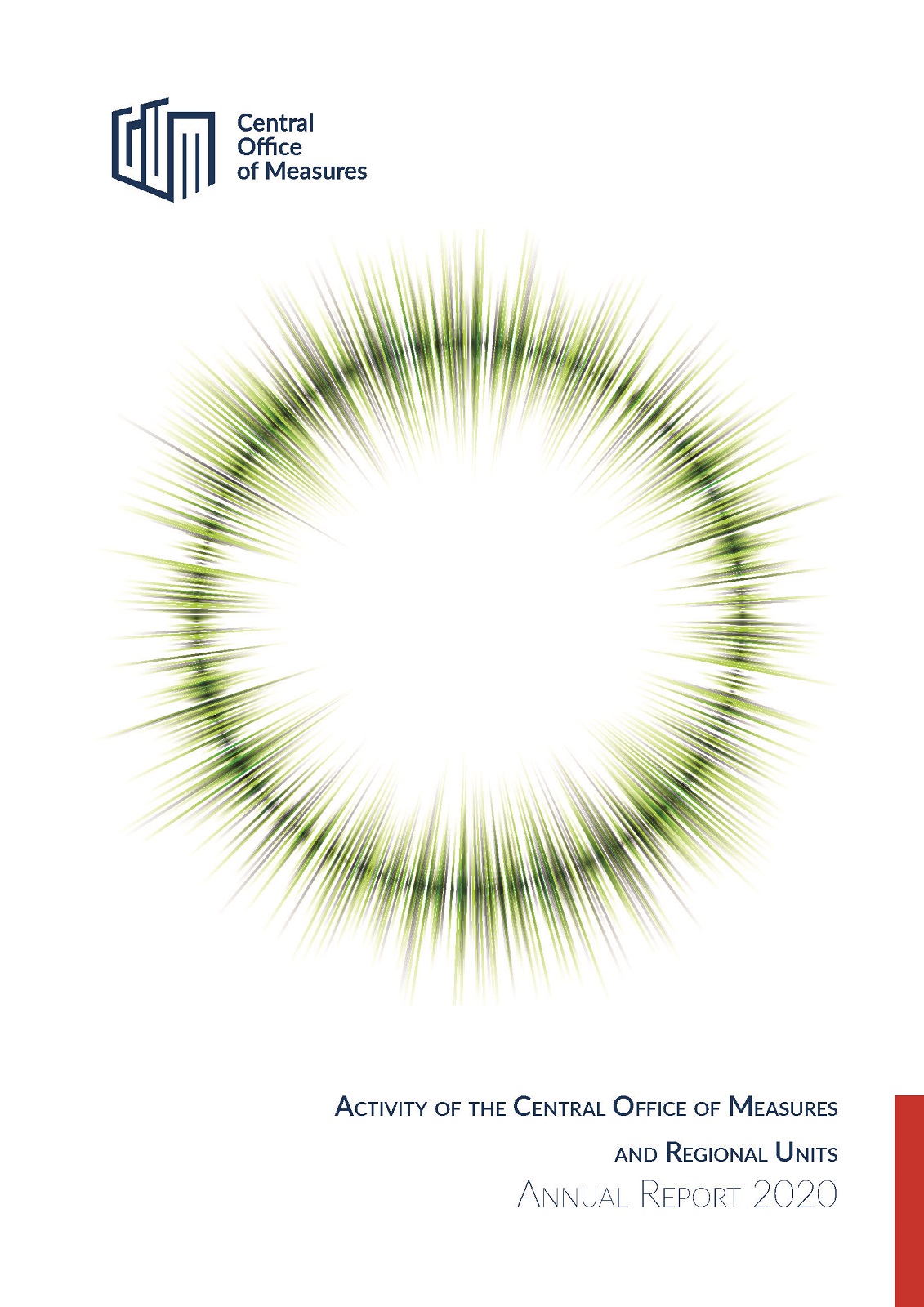 White cover of Annual Report 2020, the title is at the right bottom, in the centre of the cover there is a green circle with circle with diverging needles.
