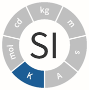 Symbol jednostki miary temperatury termodynamicznej - kelwin K na niebiesko wpisany w logo układu SI w kształcie koła. Pozostałe symbole jednostek wyszarzone.