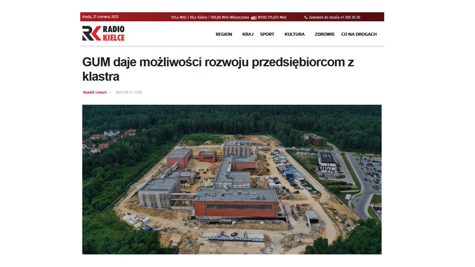 screenshot ze strony internetowej Radio Kielce ze zdjęciem placu budowy Kampusu Głównego Urzędu Miar w Kielcach