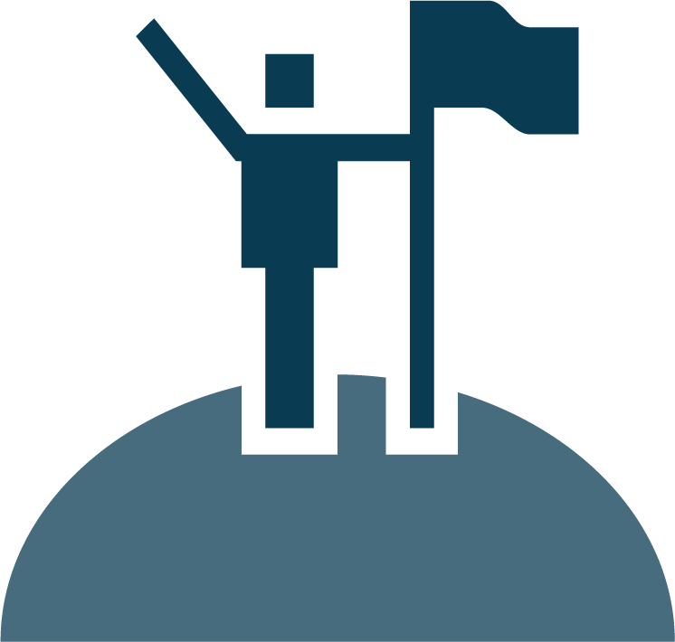 Piktogram: człowiek stojący na szczycie półokręgu. Jedną rękę ma uniesioną w górę, drugą trzyma flagę wbitą w podłoże.